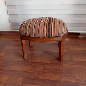 Handcrafted Wooden Stool with Vintage Kilim Upholstery