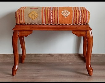 Handcrafted solid wood stool with Kilim upholstery,decorative and wooden antique piano bench