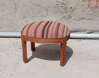 Mighty wooden pouf made of hornbeam and an upcycled Turkish kilim, authentic furniture