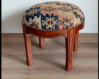 Round stool made from #upcycled kilim and wood,#eco-friendly round kilim stool