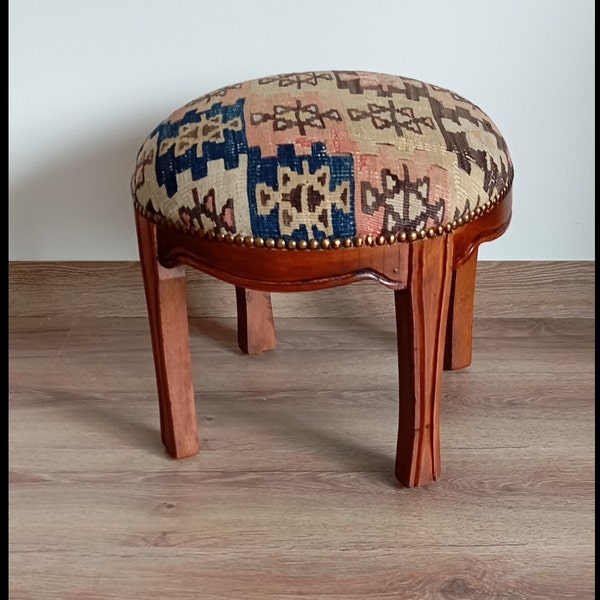 Round stool made from #upcycled kilim and wood,#eco-friendly round kilim stool