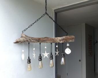 Driftwood Chandelier (4 lamp) with natural sea life