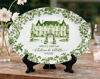 Personalized Wedding Venue Photo Platter, Custom House Portrait Housewarming Gift, Toile de Jouy Wedding Gift for Newlyweds, Bridal Shower