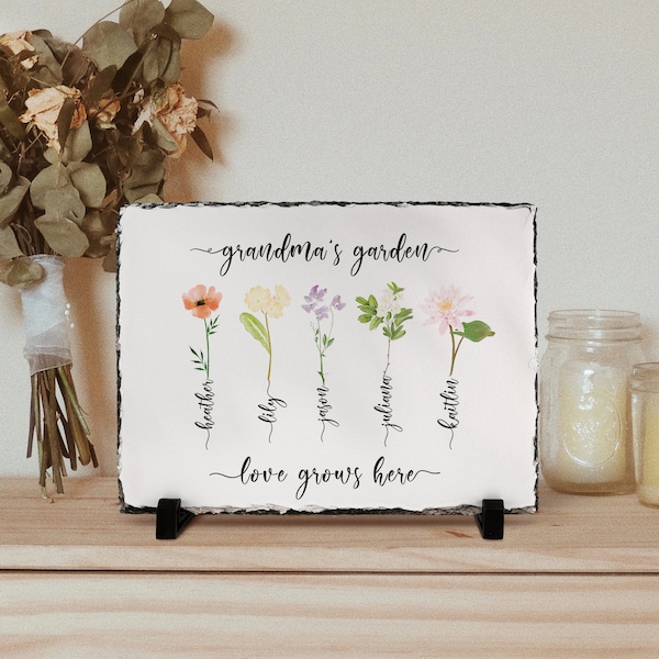 Custom Bonus Mom Birth Month Flower Gift Slate Plaque, Mother's Day Gift For Mom & Grandma, Grandma's Garden Housewarming Christmas Gift