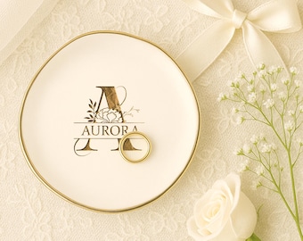 Personalized Wedding Ring Dish, Custom Initial Jewelry Dish,  Birth Flower Ring Holder Gift for Her, Monogramed Engagement Gift for Bride