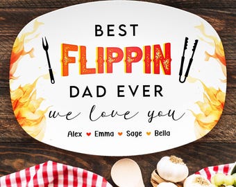 Personalized Best Flippin Dad Ever Plate, Father's Day Gifts, BBQ Grilling Platter with Kid's Name