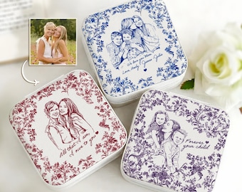 Personalized Mothers Day Photo Jewelry Box, Custom Toile De Jouy Mom Photo Jewelry Organizer, MOB MOG Wedding Keepsake Gift from Daughter
