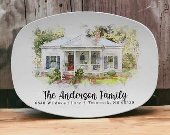Custom Watercolor House Portrait Platter, Housewarming Gift, First Home Gift, Christmas Gifts For Mom, Gifts For Her, Gifts For Daughter