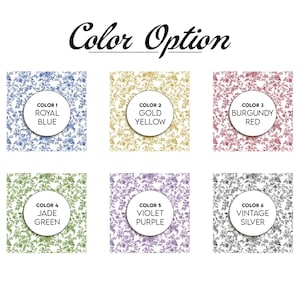 May include: Image displays six color options for a product, each with a floral pattern. The options are Royal Blue, Gold Yellow, Burgundy Red, Jade Green, Violet Purple, and Vintage Silver. The text "Color Option" is at the top.