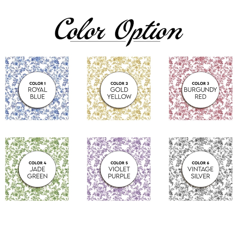 May include: Image displays six color options for a product, each with a floral pattern. The options are Royal Blue, Gold Yellow, Burgundy Red, Jade Green, Violet Purple, and Vintage Silver. The text "Color Option" is at the top.