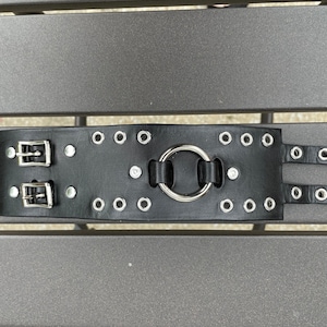 May include: Black leather bracelet with silver buckles, eyelets, and a large silver ring. The bracelet has two adjustable straps with eyelets.
