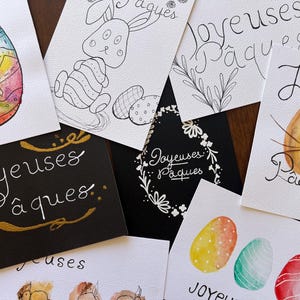 Cartes postales Pâques – Illustrations originales – Lapin, œuf, fleurs