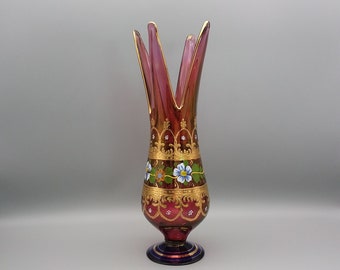 Hermoso jarrón de cristal de Murano vintage, decoración ejecutada a mano