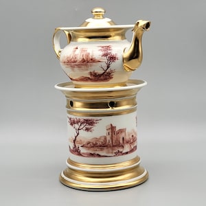 Old Paris porcelain teapot from the 19th century, 19th century, vintage, French antic, with landscape decoration, fortified castle,