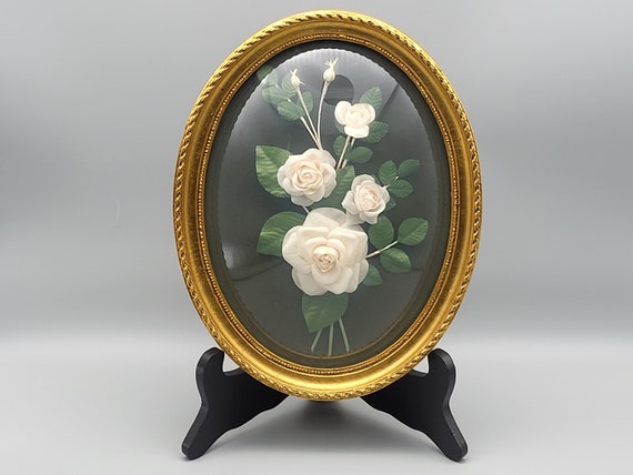 Cadre ancien ovale verre bombé fleurs tissu vintage - Décoration