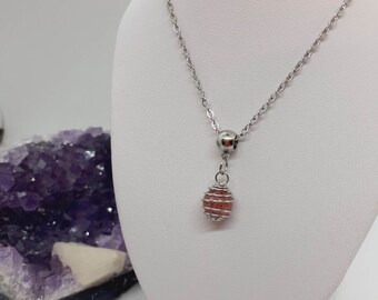 Collier Pierre Naturelle en Cage Quartz Fraise Fait Main