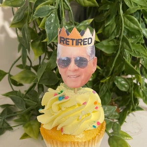 24 Custom Face Retired Crown Retirement Cupcake Toppers