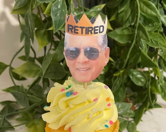 24 Custom Face Retired Crown Retirement Cupcake Toppers