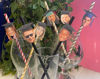 12 Custom Graduation Face with Cap Party Straws