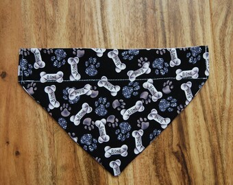 Handmade Pet Bandana - Black Bones and Paw Prints, Over the Collar