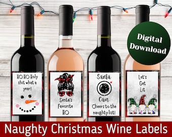 Fun Christmas wine labels, Naugthy Christmas Wine Labels, Christmas Party, Last minute gift, white elephant gift.