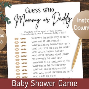 Mommy or Daddy Baby Shower Game, Guess Who Mommy or Daddy, Guess who mom or dad, Minimalist Modern, Gender Neutral Baby Shower Game.