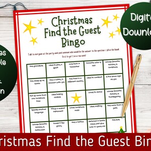 Christmas Find the Guest Bingo, Christmas Party Icebreakers, Holiday Games, Office Party game, Christmas game for adults.