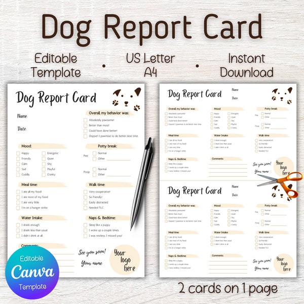 Editable Dog Report Card, Dog Report Card, Pet Report Card, Pet Sitting Report, Dog Boarding Report Card, Doggy Daycare Report Card.