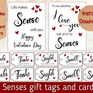 5 senses gift tags, cards and ideas. Anniversary gift, Valentine&#39;s gift for partner, birthday gift for him/her.