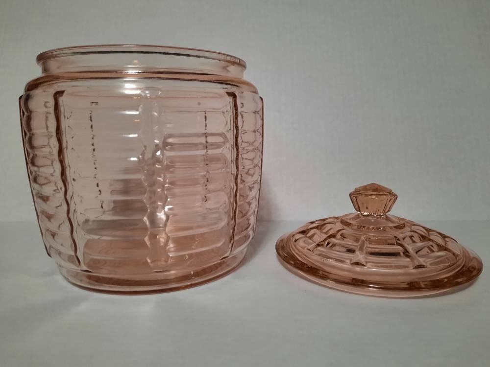Pink Depression Glass Biscuit Jar, Collectable Cookie Jar, Manhattan by