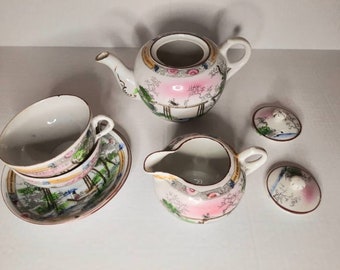 Japanese tea set, hand painted porcelain tea set, handpainted tea pot and tea cups, birthday gift for best friend, gift for newlyweds