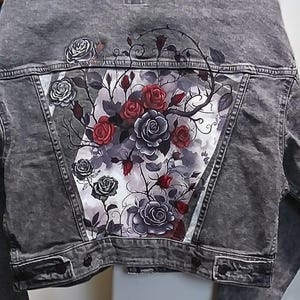 Hand Painted Upcycled Black Jean Jacket | Black and Red Roses | Gothic | Grunge | Floral Jacket | Unique Streetwear Cropped Denim Jacket