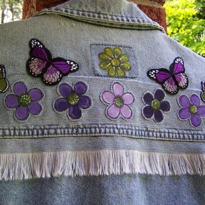 Vintage Jean Jacket | Embellished Jacket | Upcycled | Jacket With Fringe | Floral Jacket | Woodstock | Hippie Clothes | Peace Sign