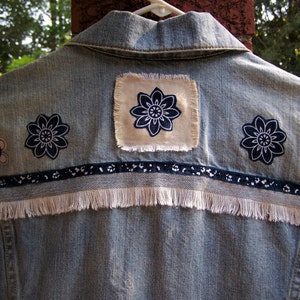 Vintage Levi&#39;s Denim Jean Jacket with Fringe | Genuine Levi&#39;s | Western Jean Jacket | Upcycled Denim Jacket with Patches | Size Large
