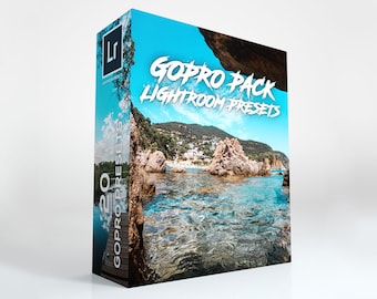 May include: A box with a blue and white image of a rocky beach and ocean. The text on the box reads "GoPro Pack Lightroom Presets" and "20 GoPro Presets".