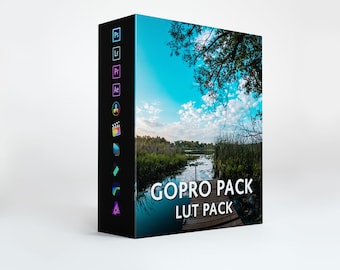 May include: A box with a blue and green image of a lake and a wooden dock. The text "GOPRO PACK LUT PACK" is on the box.