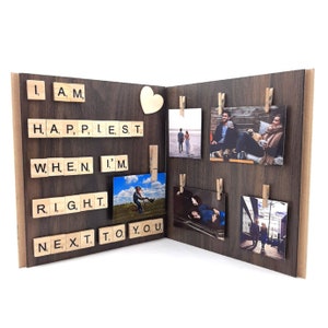 Im Happiest When Im Right Next to You Wood Photo Frame - Picture Holder for Couple, Standing Scrabble Photo Frame, Wedding Anniversary Gift