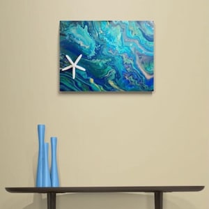 Large ocean painting with starfish / fluid art/acrylic pour painting