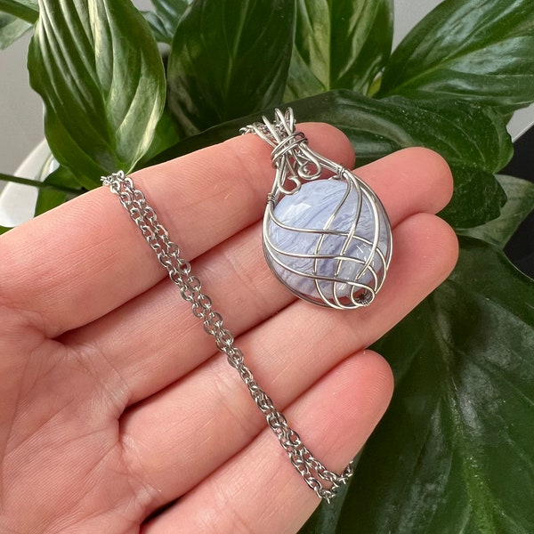 Blue lace agate wire wrapped pendant