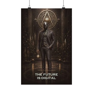 Könnte beinhalten: Poster mit einer Person in dunklem Anzug und Maske, die eine Taschenuhr hält. Der Hintergrund zeigt ein großes kreisförmiges Emblem und den Text "THE FUTURE IS DIGITAL". Die Farbpalette ist hauptsächlich Dunkelbraun und Gold.