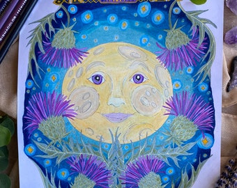 Coloriage détaillé, lune, fleurs, téléchargement immédiat
