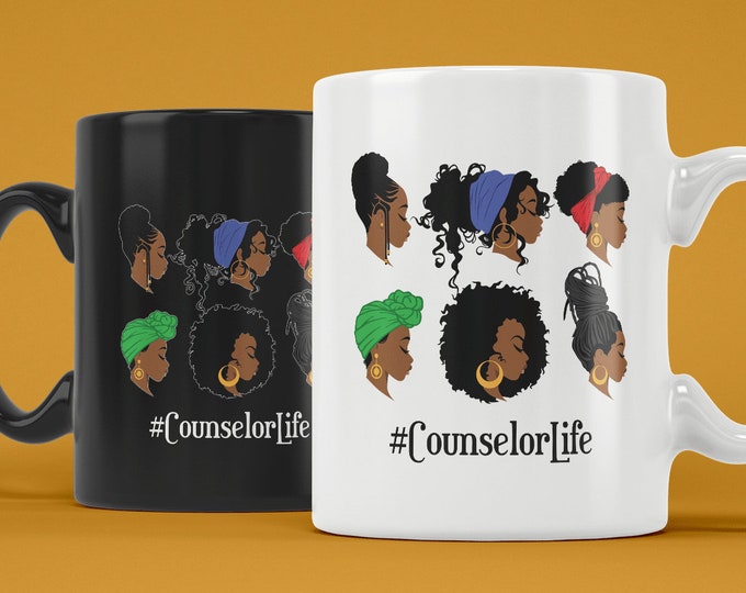 Counselor Life Black Woman Afro Headwraps (Coffee Mugs) Funny Gift for Natural African-American School Counselors Black Girl Magic