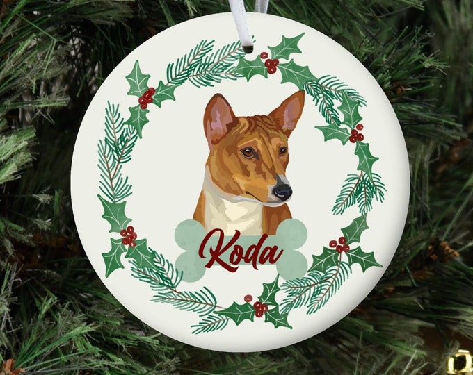 Personalized Dog Ornament, Custom Dog Christmas Ornament, Basenji Ornament, Dog Name Pet Ornament