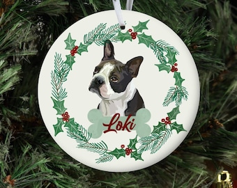 Personalized Dog Ornament, Custom Dog Christmas Ornament, Boston Terrier Ornament, Dog Name Pet Ornament
