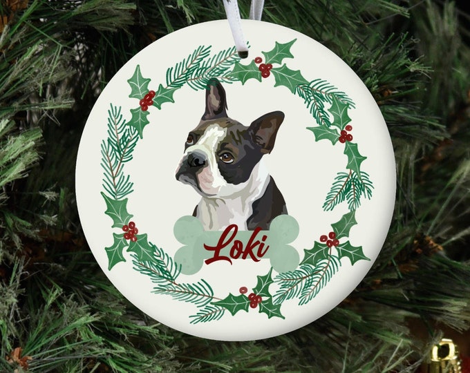 Personalized Dog Ornament, Custom Dog Christmas Ornament, Boston Terrier Ornament, Dog Name Pet Ornament