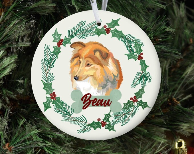 Personalized Dog Ornament, Custom Dog Christmas Ornament, Shetland Sheepdog Ornament, Sheltie Dog Name Pet Ornament
