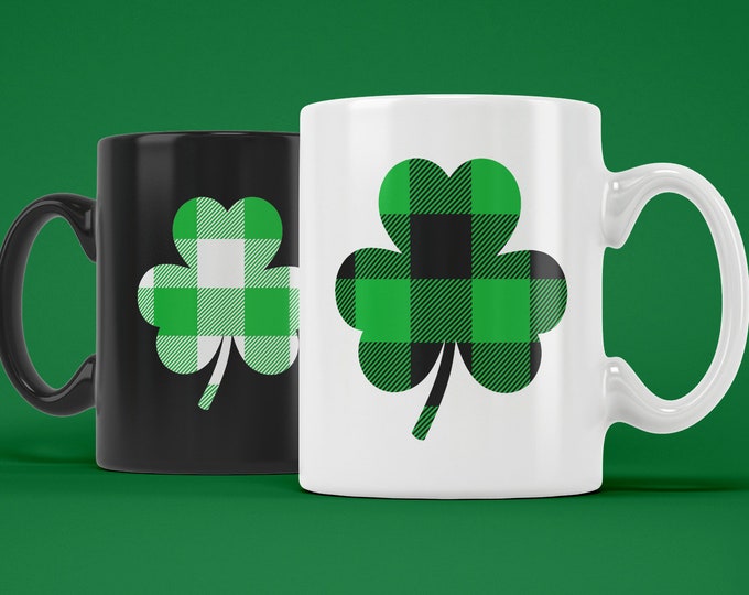 Plaid Print Shamrock Clover (Ceramic Coffee Mugs) Funny Gift for St. Patrick's Day Drinking Shenanigans