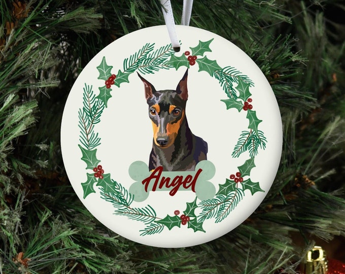Personalized Dog Ornament, Custom Dog Christmas Ornament, Miniature Pinscher Ornament, Dog Name Pet Ornament