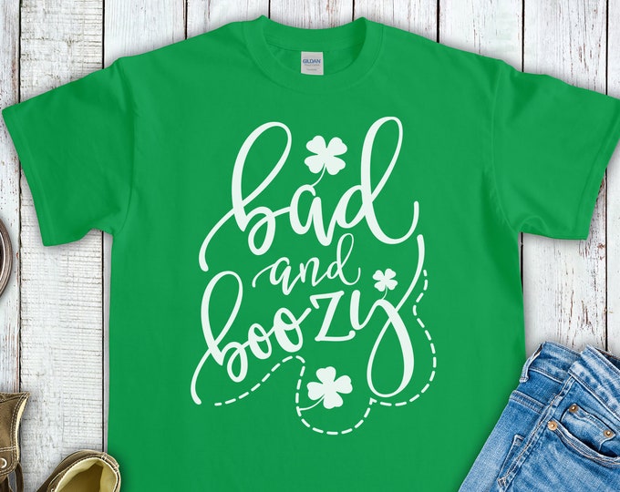 Bad and Boozy (Unisex Heavy Cotton T-Shirt) Funny Gift Tee for St. Patrick's Day Drinking Lucky Shamrock
