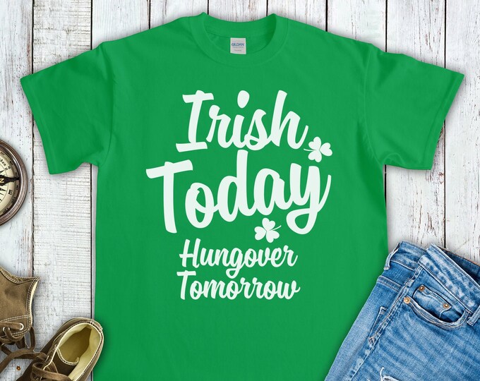 Irish Today Hungover Tomorrow (Unisex Heavy Cotton T-Shirt) Funny Gift Tee for St. Patrick's Day Drinking Shenanigans Lucky Shamrock